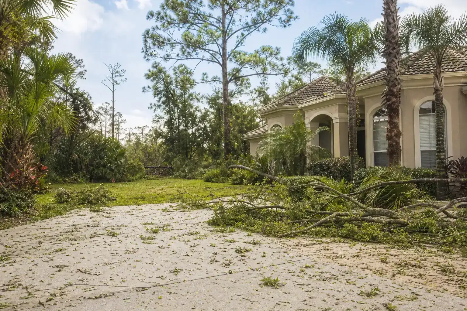 Storm-damaged branches beside a Florida home for tree trimming for hurricane prep in palm coast: what you need to know Storm-damaged branches beside a Florida home for tree trimming for hurricane prep in palm coast: what you need to know