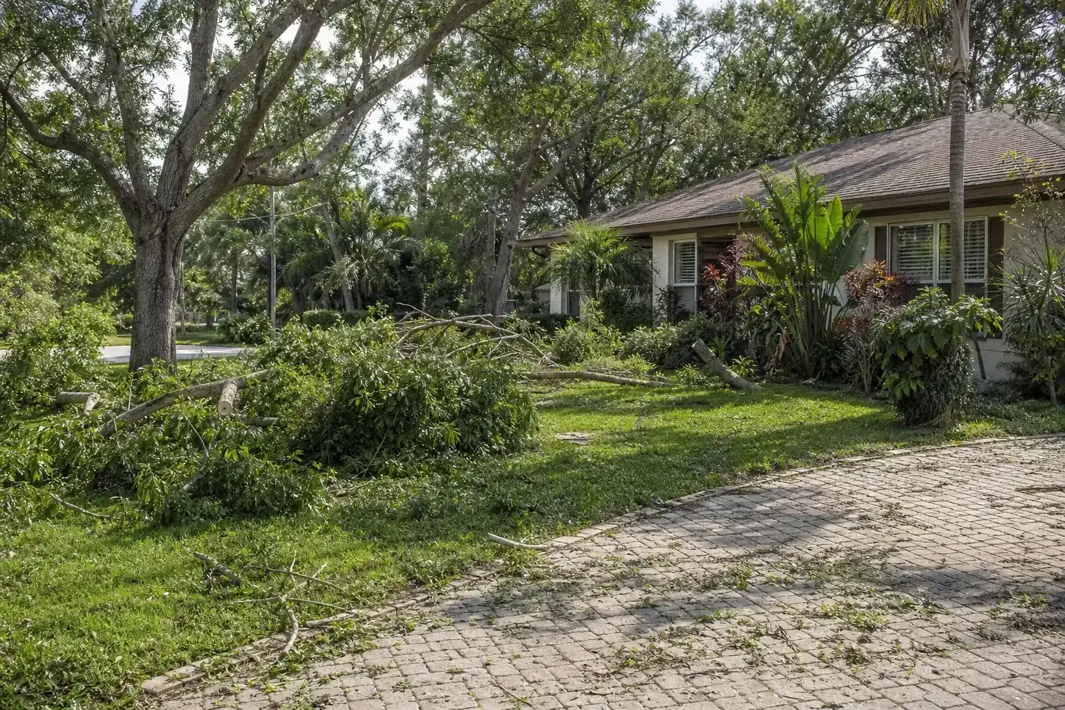 Storm-damaged branches beside a Florida home during a discussion of how tree trimming reduces storm risk Storm-damaged branches beside a Florida home during a discussion of how tree trimming reduces storm risk