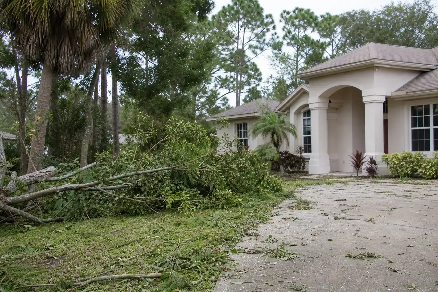 Storm-damaged branches beside a Florida home illustrating why hurricane prep matters for palm coast trees Storm-damaged branches beside a Florida home illustrating why hurricane prep matters for palm coast trees