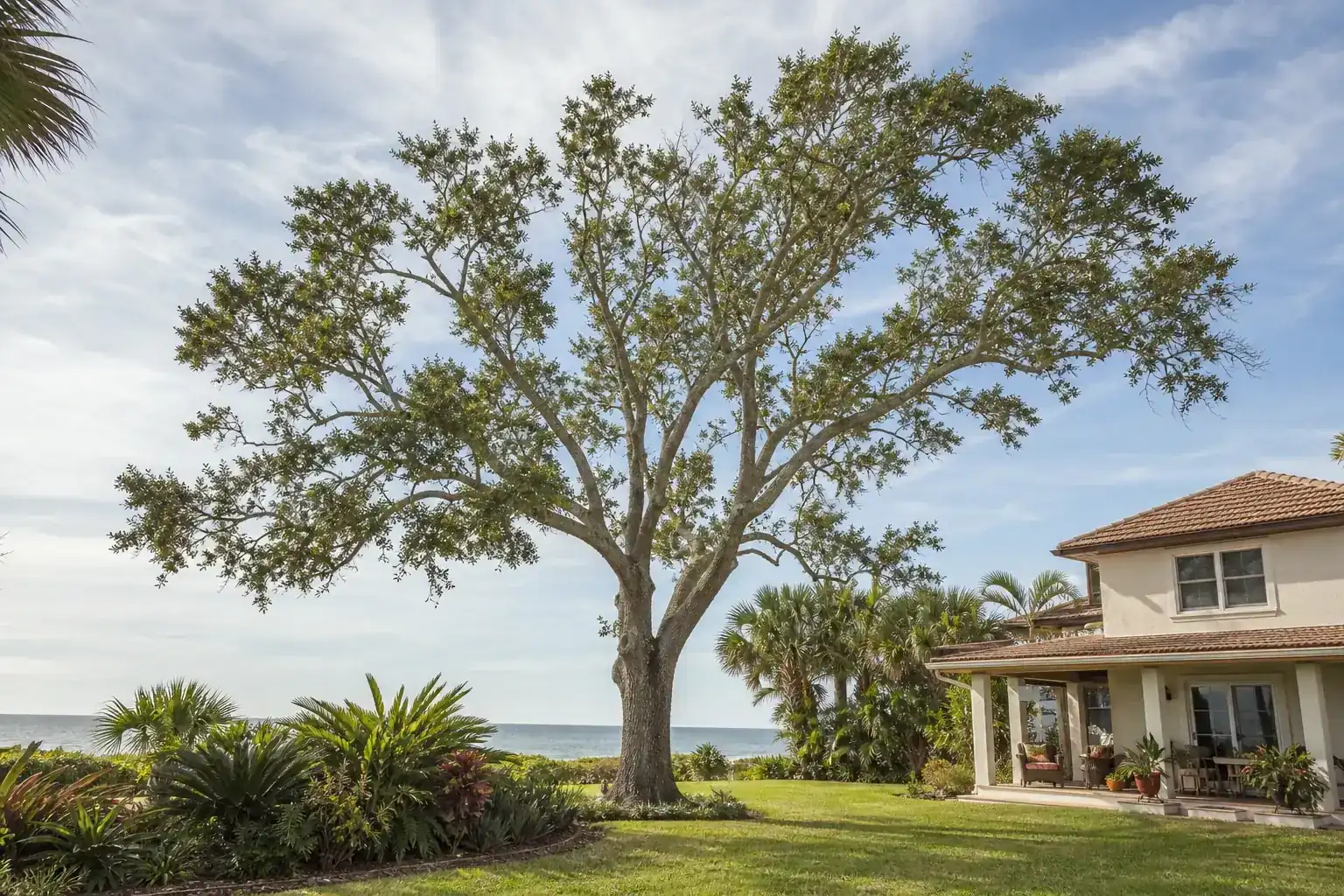 Mature Florida shade tree with branches ready for trimming during a discussion of special considerations for oceanfront tree trimming