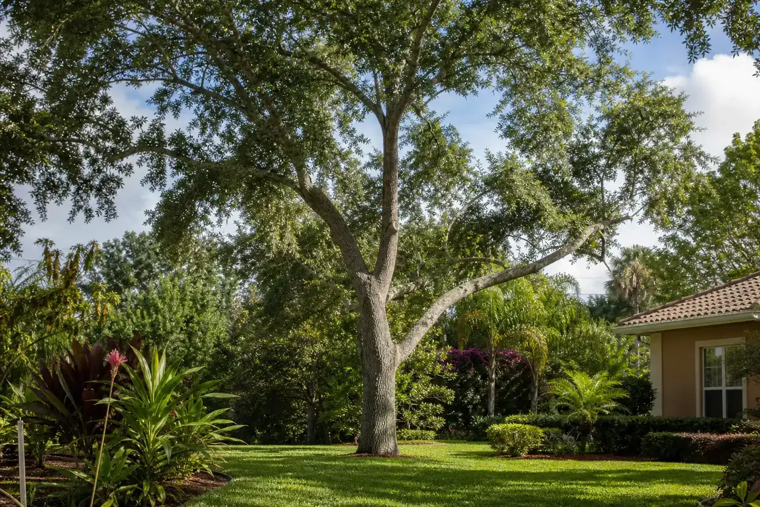 Mature Florida shade tree with branches ready for trimming during a discussion of best practices for trimming trees safely