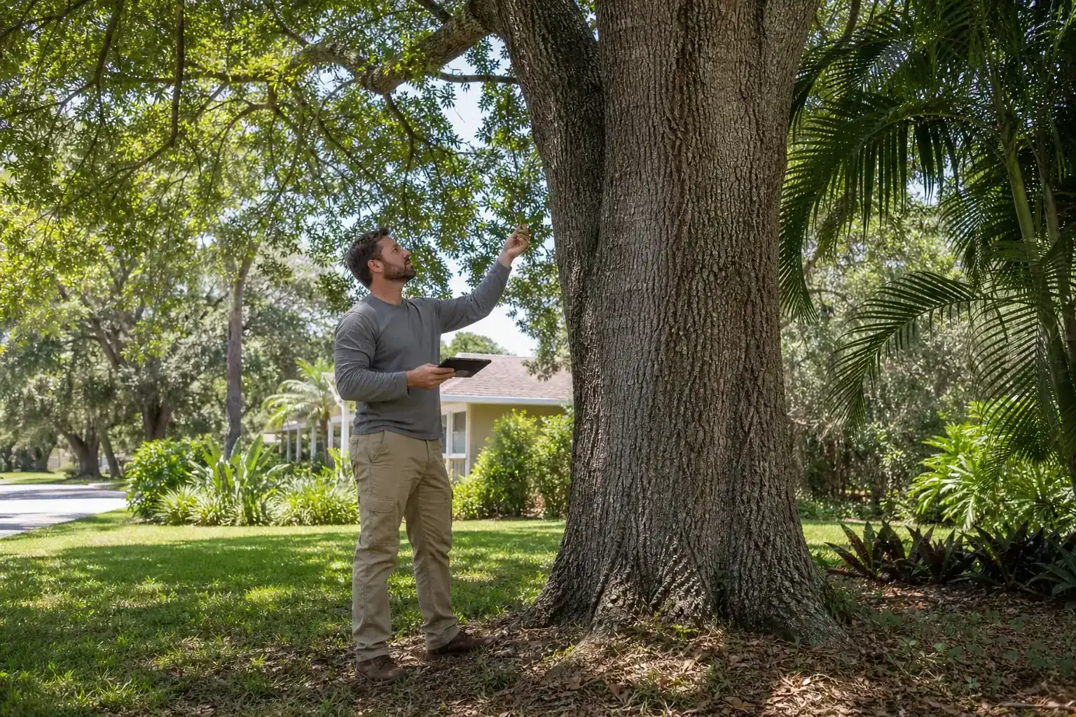 Tree care professional inspecting a mature shade tree during a discussion of how arborists evaluate roadside trees