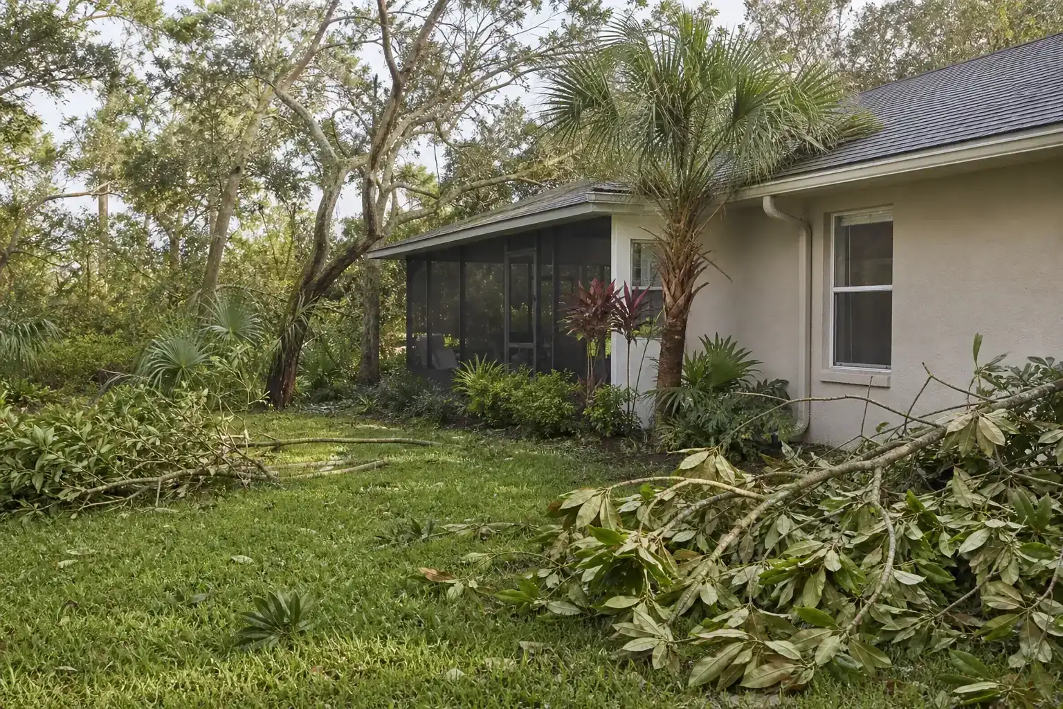 Storm-damaged branches beside a Florida home during a discussion of choose trimming based on a clear objective Storm-damaged branches beside a Florida home during a discussion of choose trimming based on a clear objective