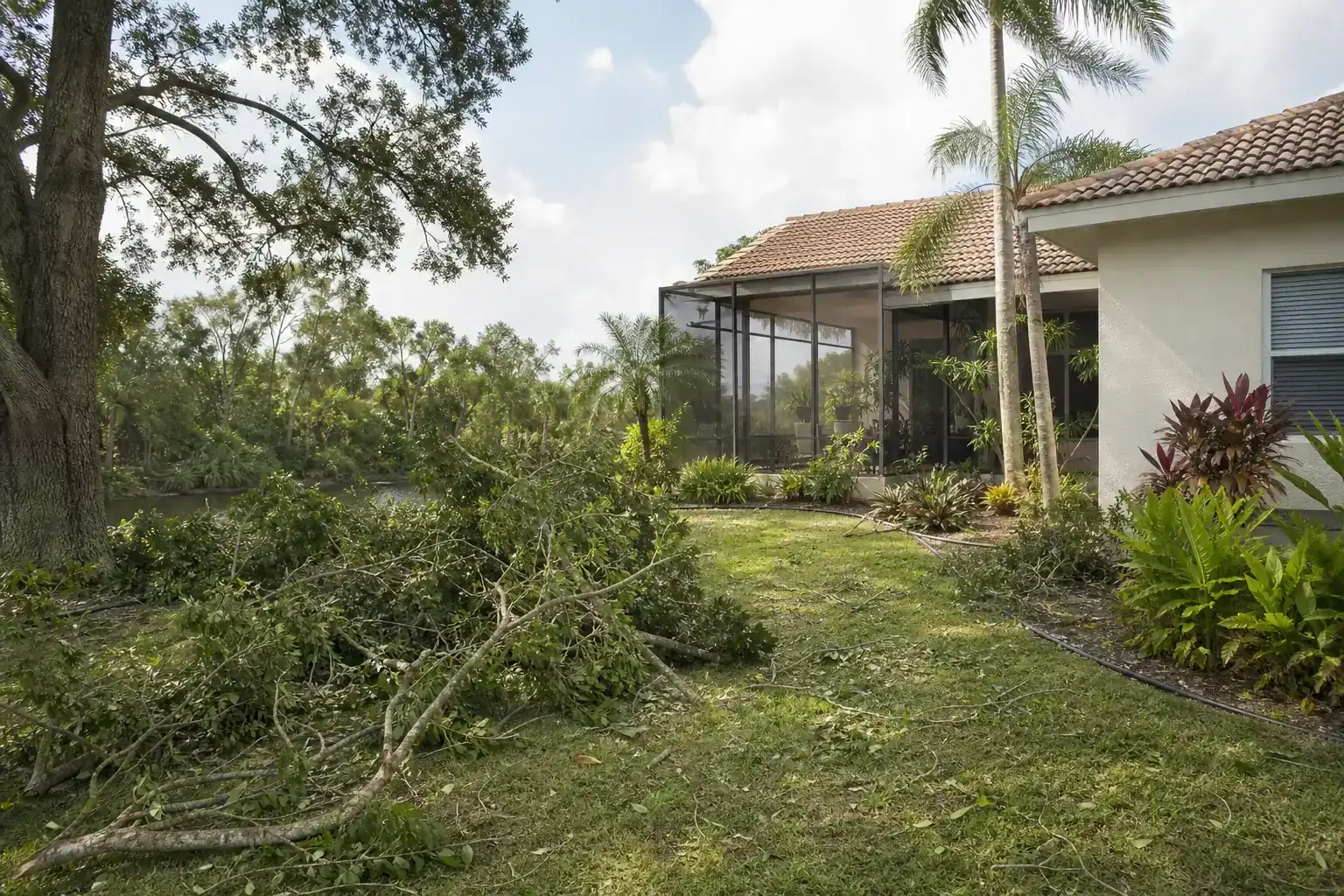 Storm-damaged branches beside a Florida home for how should trees near a lanai be trimmed for hurricane prep in palm coast? Storm-damaged branches beside a Florida home for how should trees near a lanai be trimmed for hurricane prep in palm coast?