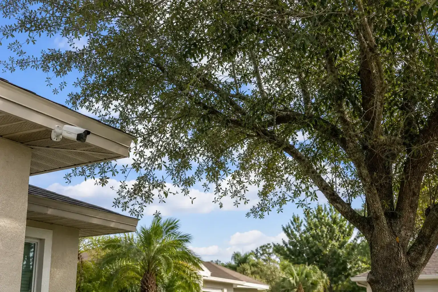 Mature Florida shade tree with branches ready for trimming illustrating why foliage interferes with security camera performance