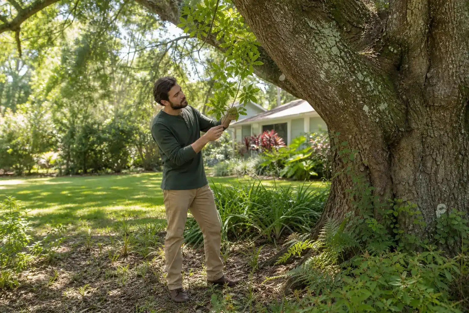 Tree care professional inspecting a mature shade tree during a discussion of benefits of hiring local central fl arborists Tree care professional inspecting a mature shade tree during a discussion of benefits of hiring local central fl arborists