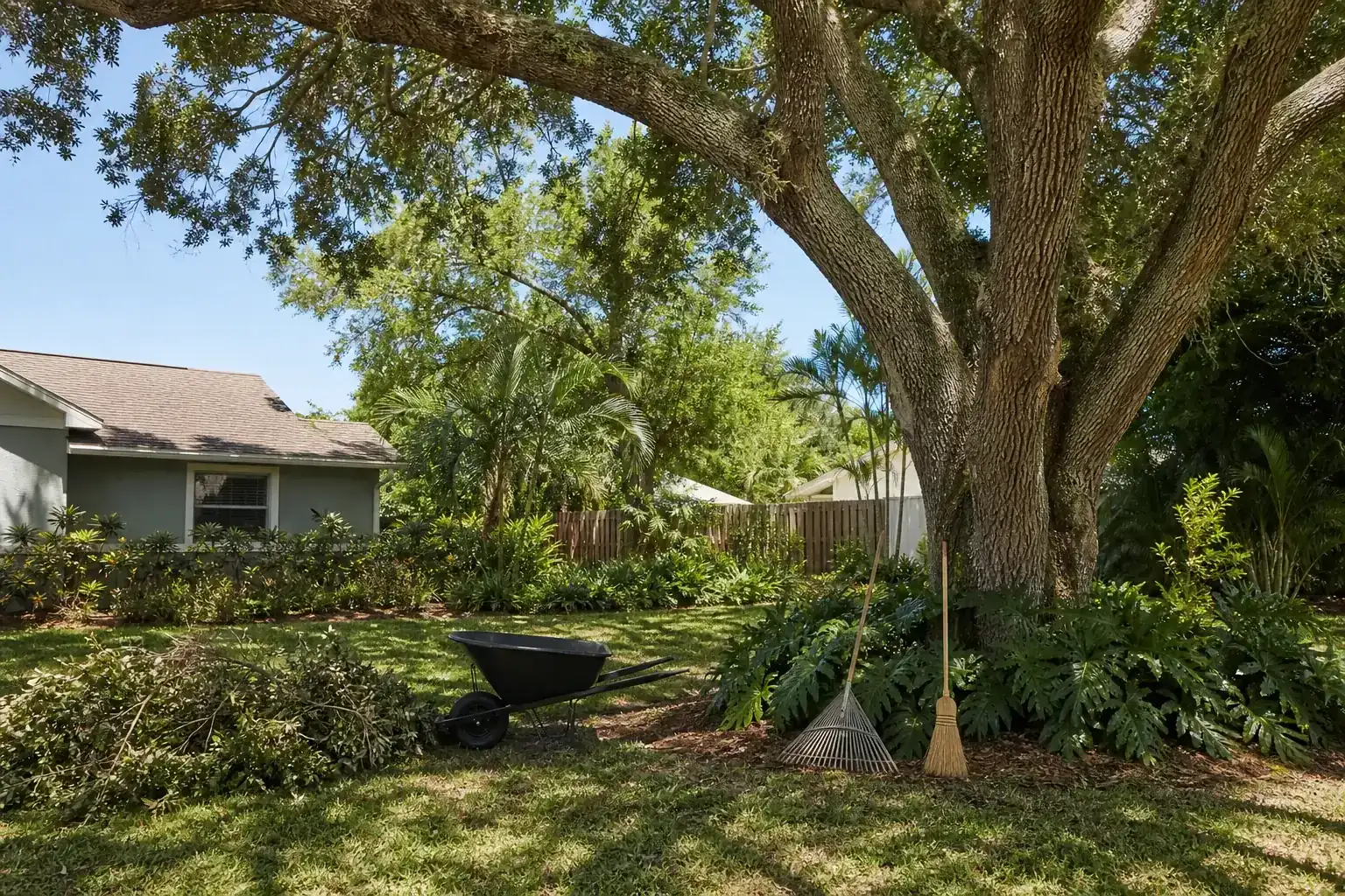 Mature Florida tree in a residential yard illustrating understanding yard clearing basics Mature Florida tree in a residential yard illustrating understanding yard clearing basics