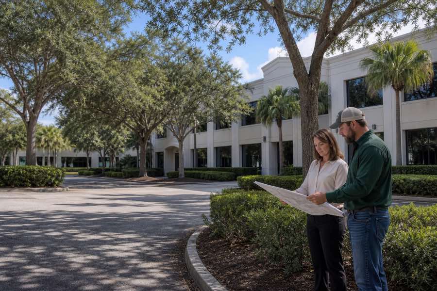commercial tree removal service planning at a Daytona Beach, Florida property